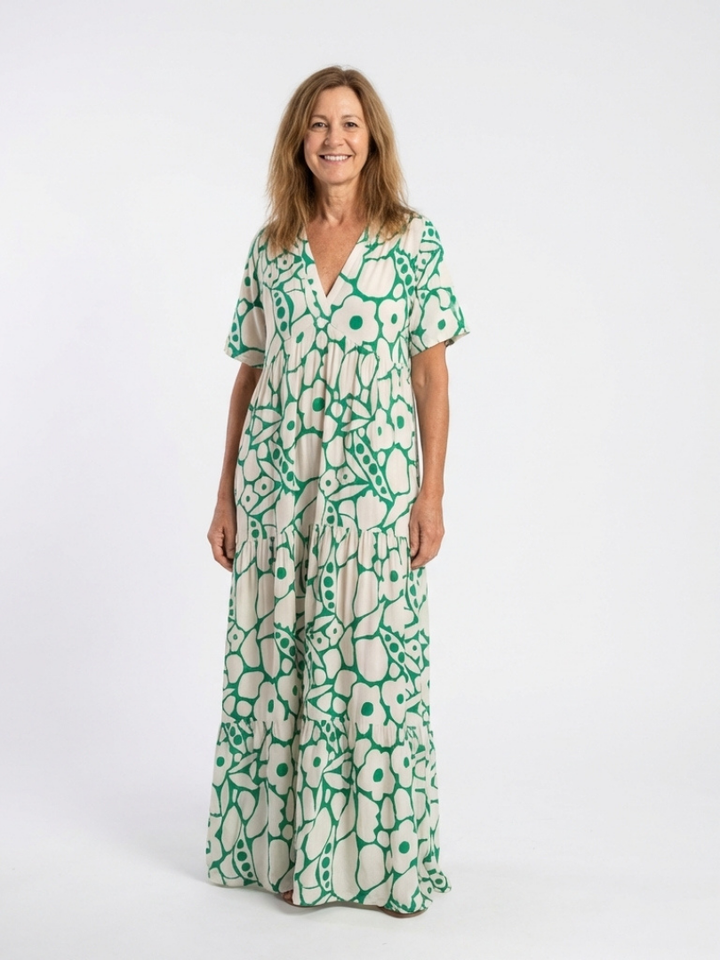 ZULEIKA | SHORT SLEEVE V NECK FLORAL MIDI DRESS