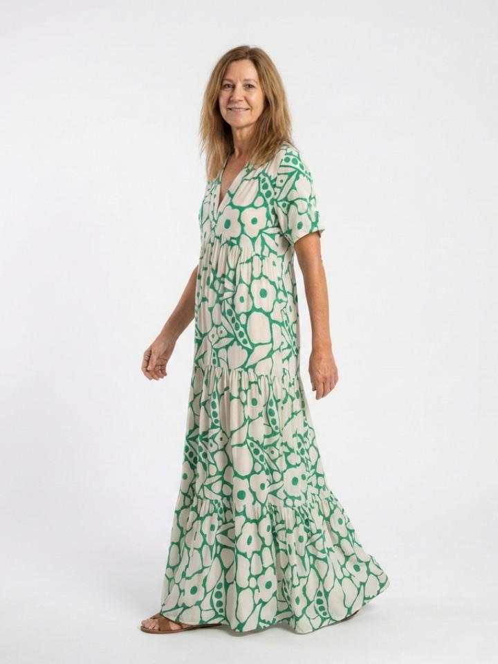 ZULEIKA | SHORT SLEEVE V NECK FLORAL MIDI DRESS