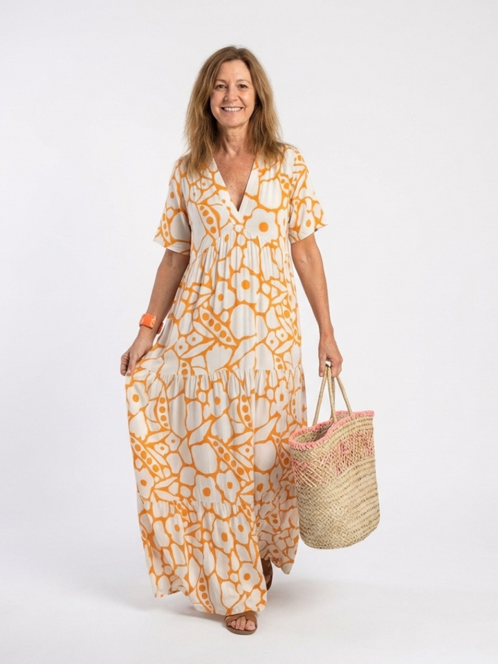 ZULEIKA | SHORT SLEEVE V NECK FLORAL MIDI DRESS