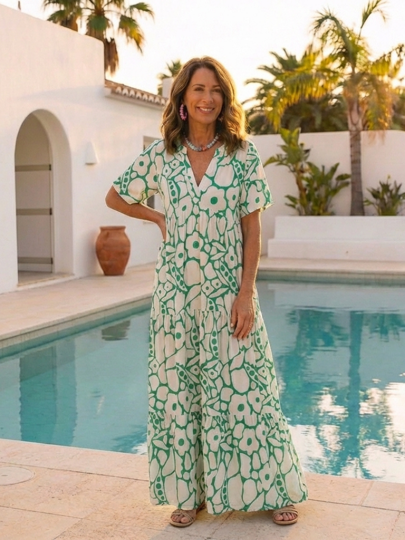 ZULEIKA | SHORT SLEEVE V NECK FLORAL MIDI DRESS