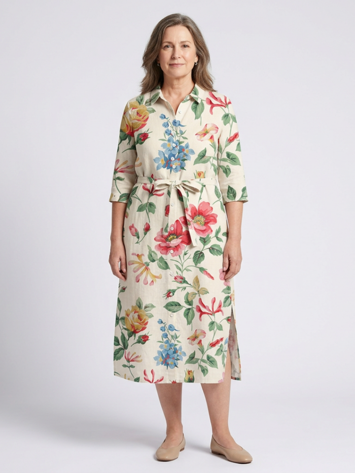 MARIBEL | BUTTON FRONT HALF SLEEVE FLORAL MIDI DRESS