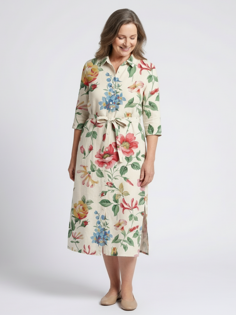 MARIBEL | BUTTON FRONT HALF SLEEVE FLORAL MIDI DRESS