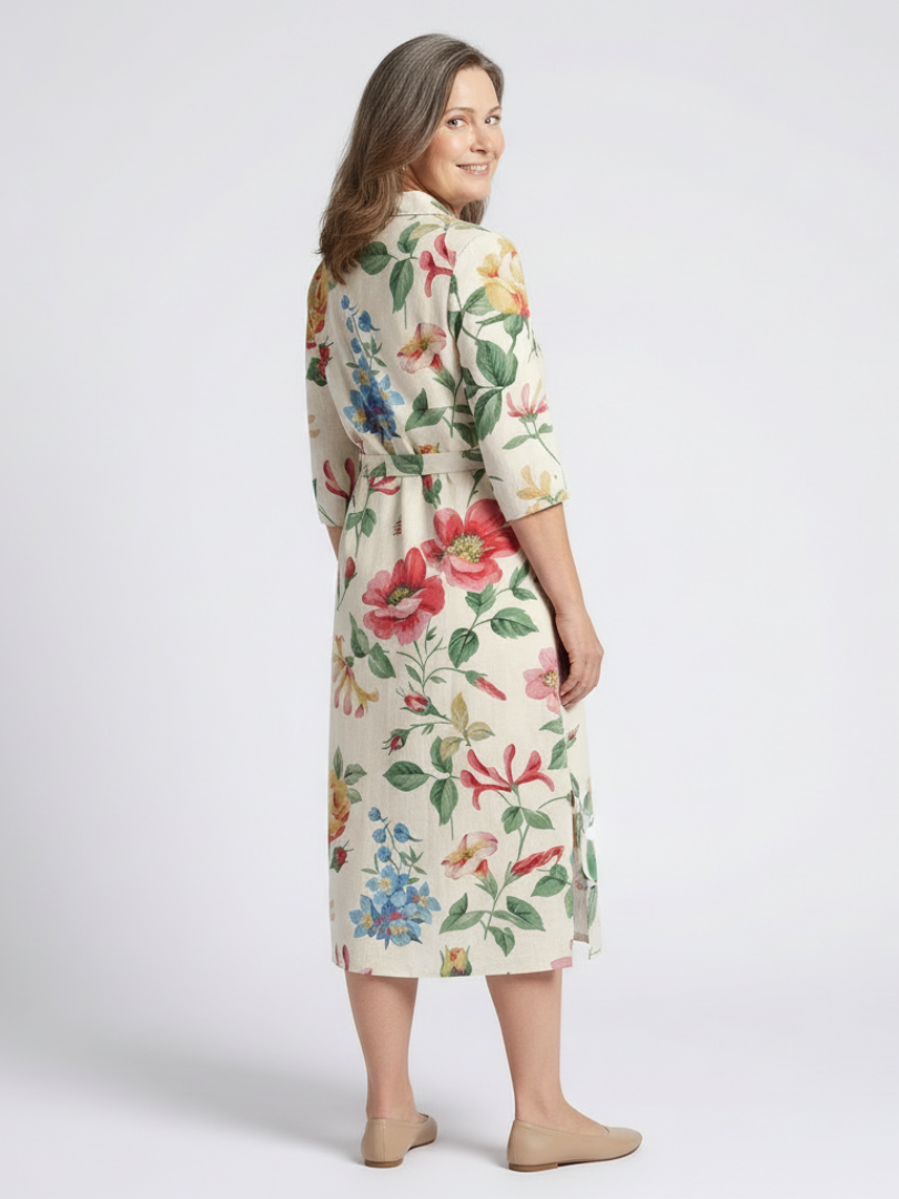 MARIBEL | BUTTON FRONT HALF SLEEVE FLORAL MIDI DRESS