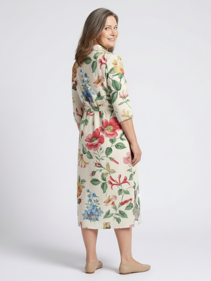 MARIBEL | BUTTON FRONT HALF SLEEVE FLORAL MIDI DRESS