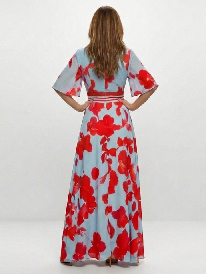 CORINNE | V NECK SHORT SLEEVE FLORAL MAXI DRESS