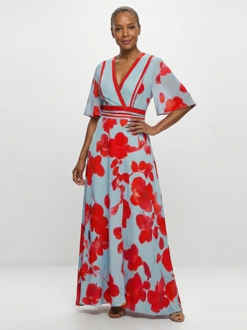 CORINNE | V NECK SHORT SLEEVE FLORAL MAXI DRESS