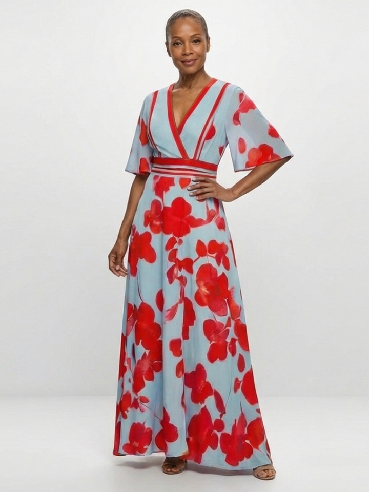 CORINNE | V NECK SHORT SLEEVE FLORAL MAXI DRESS