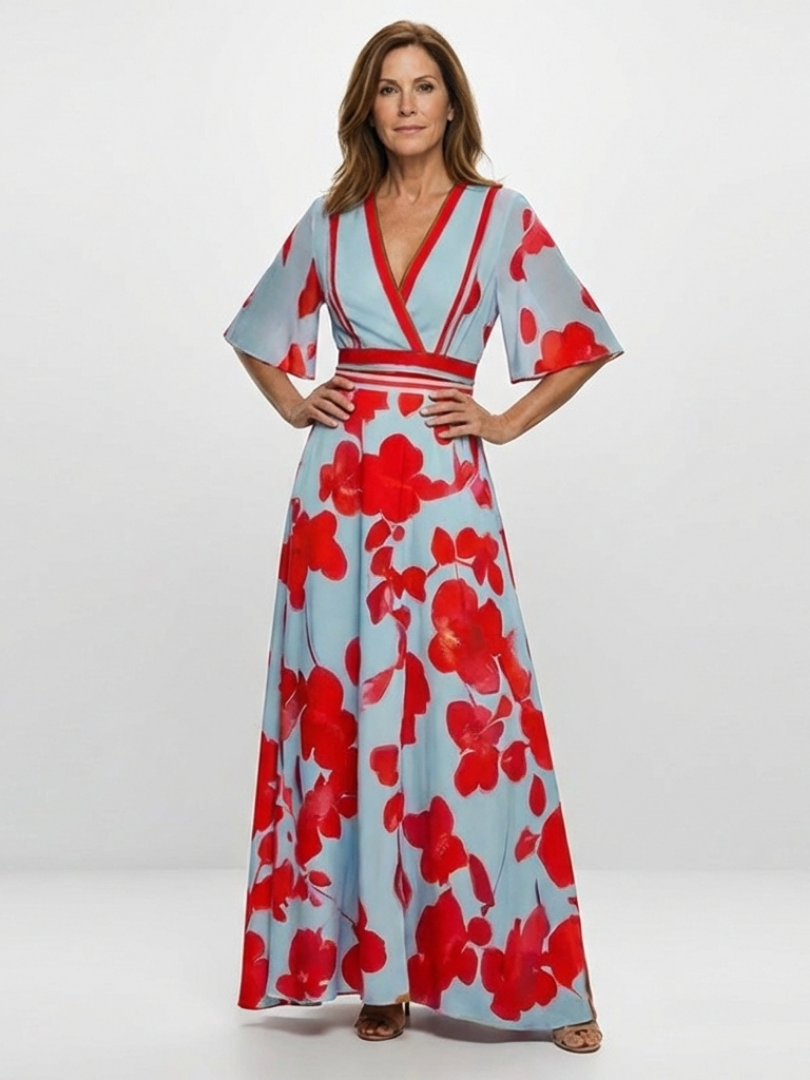 CORINNE | V NECK SHORT SLEEVE FLORAL MAXI DRESS