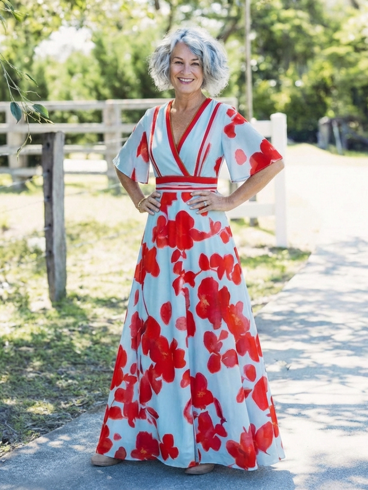 CORINNE | V NECK SHORT SLEEVE FLORAL MAXI DRESS