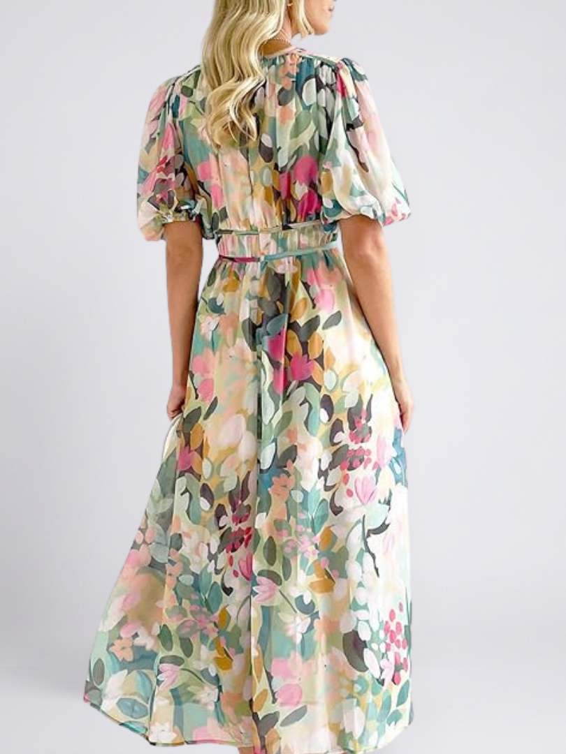 EULALIE | V NECK SHORT SLEEVE GATHERED WAIST MIDI DRESS