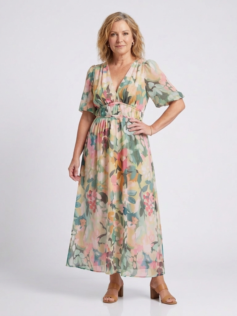 EULALIE | V NECK SHORT SLEEVE GATHERED WAIST MIDI DRESS