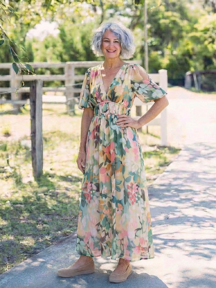 EULALIE | V NECK SHORT SLEEVE GATHERED WAIST MIDI DRESS