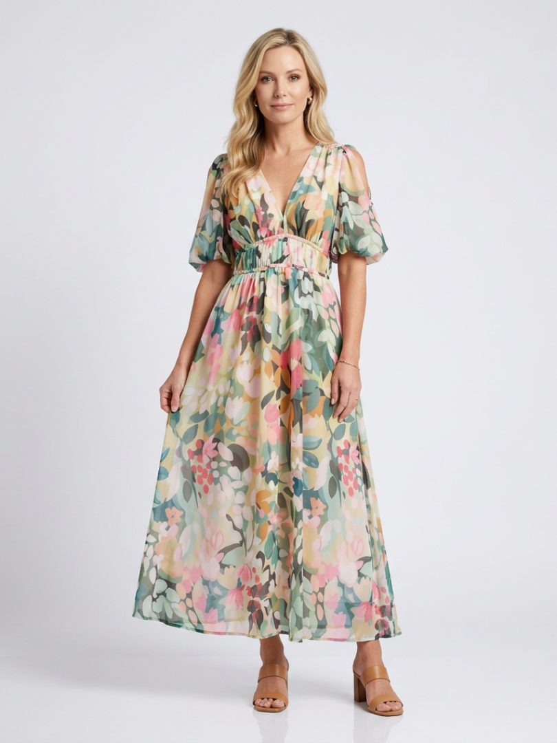 EULALIE | V NECK SHORT SLEEVE GATHERED WAIST MIDI DRESS