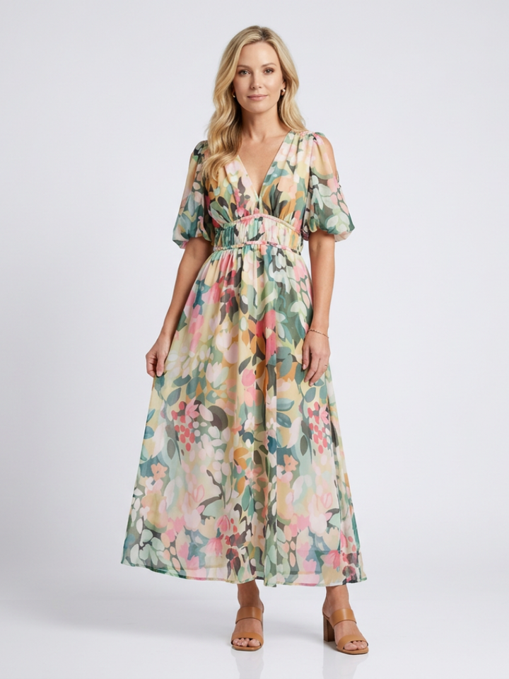 EULALIE | V NECK SHORT SLEEVE GATHERED WAIST MIDI DRESS