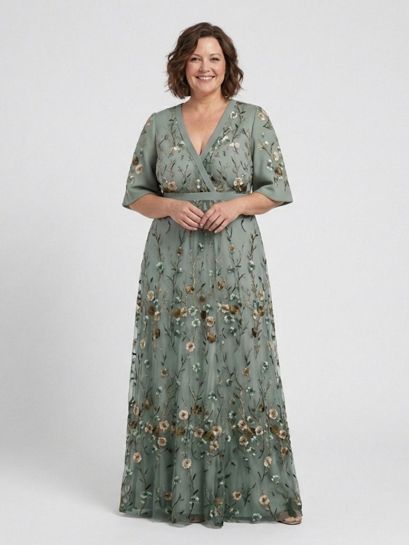 EVADNE | EMBROIDERED V NECK MAXI DRESS