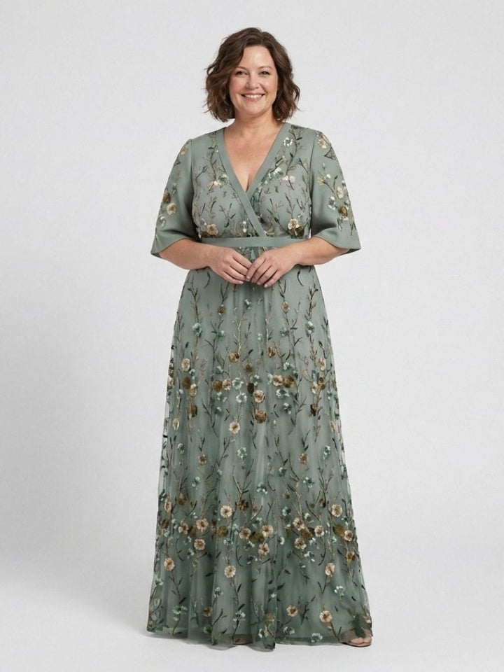 EVADNE | EMBROIDERED V NECK MAXI DRESS