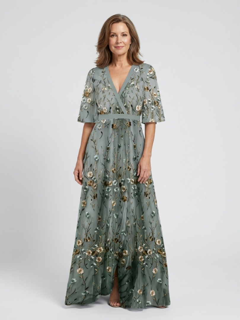 EVADNE | EMBROIDERED V NECK MAXI DRESS