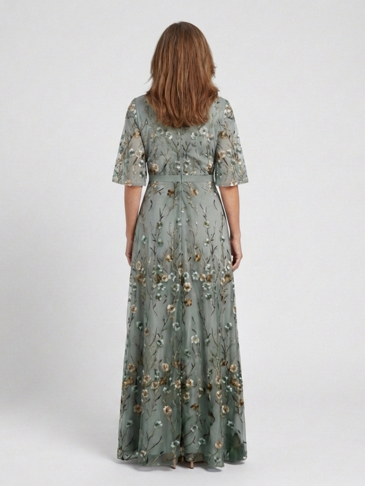 EVADNE | EMBROIDERED V NECK MAXI DRESS