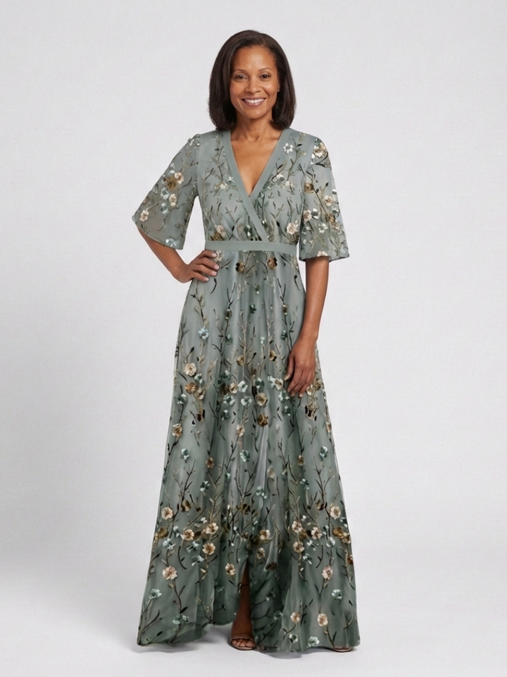 EVADNE | EMBROIDERED V NECK MAXI DRESS