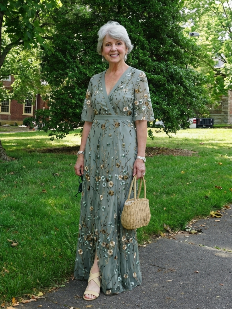 EVADNE | EMBROIDERED V NECK MAXI DRESS