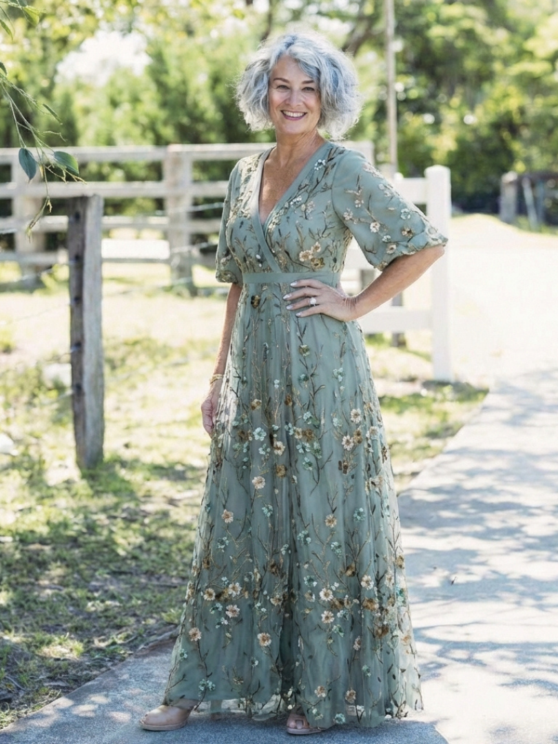 EVADNE | EMBROIDERED V NECK MAXI DRESS