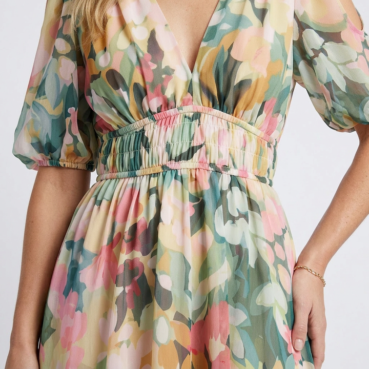 EULALIE | V NECK SHORT SLEEVE GATHERED WAIST MIDI DRESS