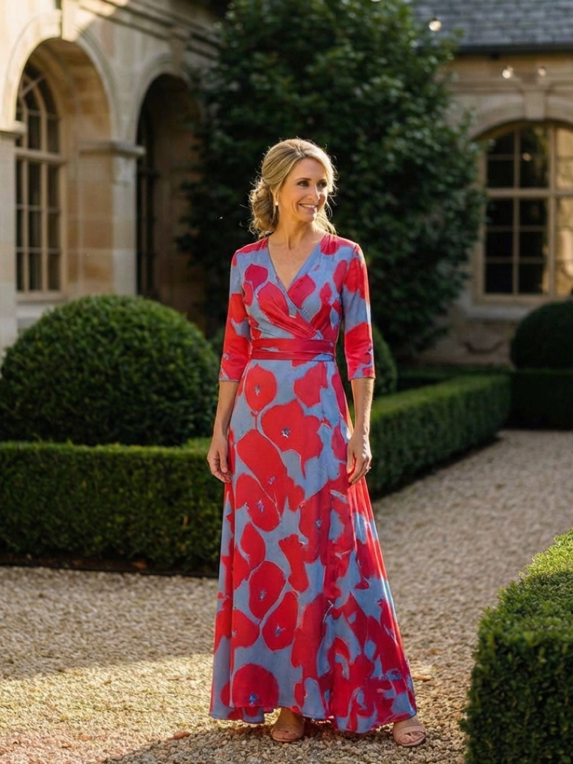DANIELLE | THREE QUARTER SLEEVE V NECK FLORAL MAXI DRESS