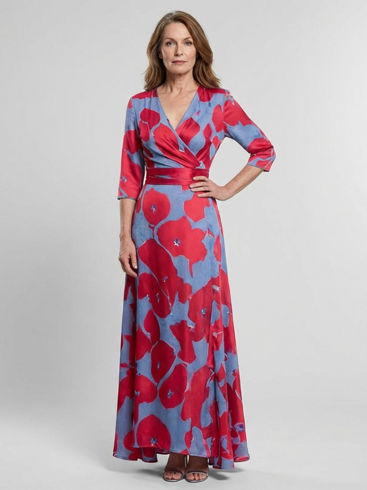 DANIELLE | THREE QUARTER SLEEVE V NECK FLORAL MAXI DRESS